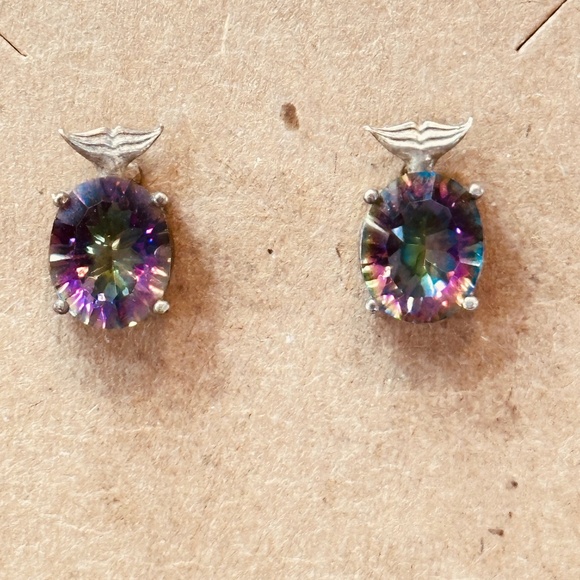 925 Sterling Silver Mystic Topaz Oval Stud Earrings w/Whale Tail - Picture 1 of 13